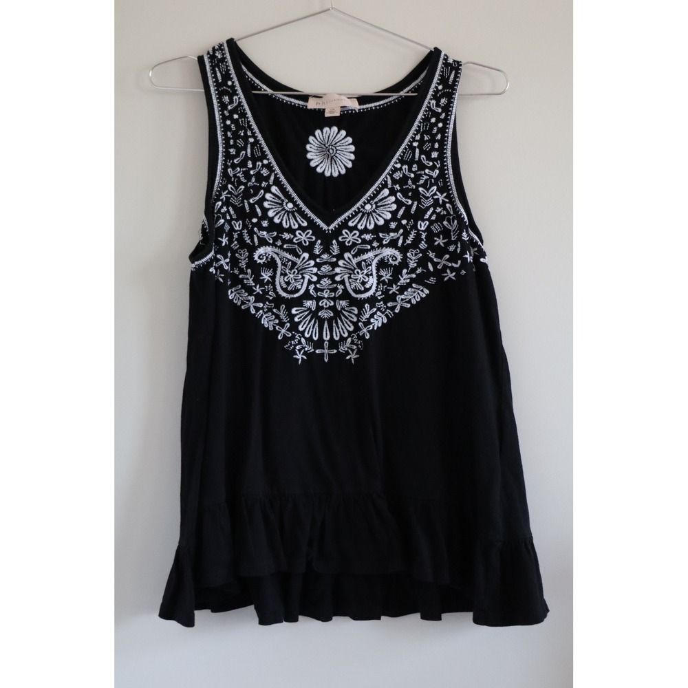 Philosophy Black Embroidered Ruffle Hem Tank Top Large